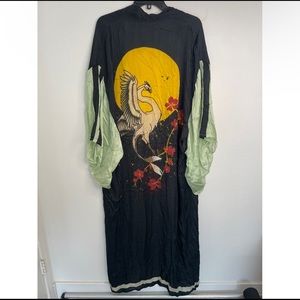 Free People Rising Sun Maxi Crane Printed Kimono One Size Wide Sleeves Duster